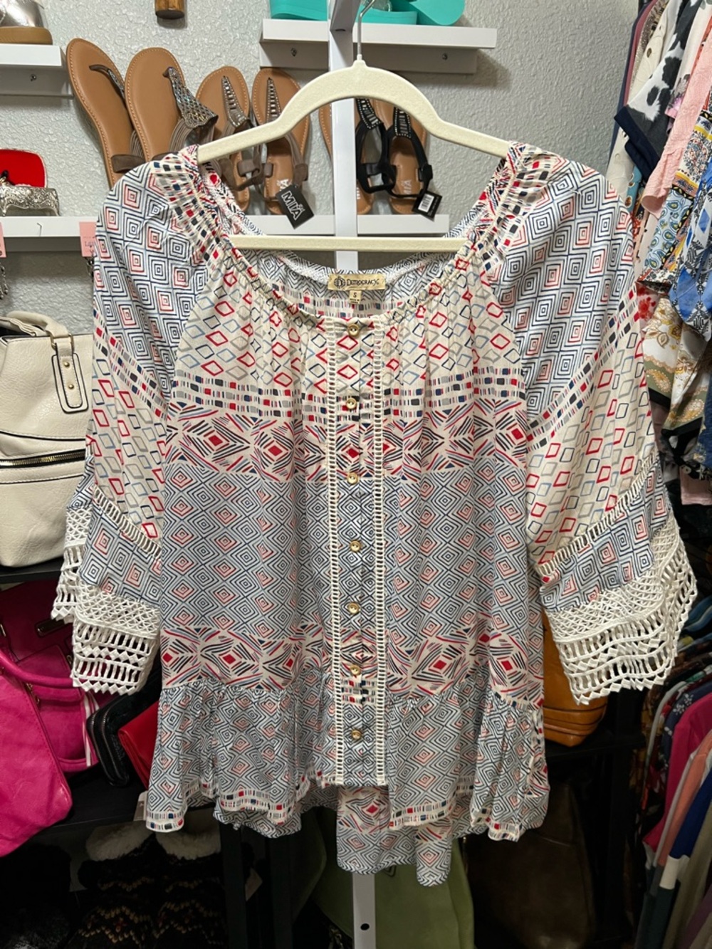 Democracy Cream Top with Navy & Red Geometric Print